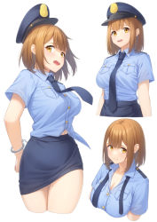 Rule 34 | 1girl, absurdres, arms behind back, black neckwear, blue headwear, blue shirt, blue skirt, blush, breasts, cleavage, closed mouth, collared shirt, commentary, cowboy shot, cropped legs, cuffs, furrowed brow, halloween costume, handcuffs, hat, highres, large breasts, light brown hair, lips, looking at viewer, midriff peek, miniskirt, mole, mole on breast, mole on thigh, multiple views, navel, necktie, ochiai miyabi, open mouth, original, partially unbuttoned, peaked cap, police, police hat, police uniform, shirt, shirt tucked in, short hair, short sleeves, simple background, skirt, symbol-only commentary, thighs, uniform, upper body, white background, wing collar, yellow eyes