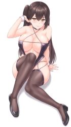 Rule 34 | 1girl, areola slip, arm strap, azur lane, bare hips, blush, breasts, brown eyes, brown hair, cleavage, collarbone, criss-cross halter, full body, halterneck, large breasts, long hair, looking at viewer, official alternate costume, one side up, race queen, revealing clothes, sama samasa, simple background, skindentation, smile, solo, thighhighs, white background, wristband, zuikaku (azur lane), zuikaku (the wind&#039;s true name) (azur lane)