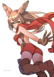 Rule 34 | 1girl, animal ears, ass, back turned, breasts, brown eyes, brown hair, dragalia lost, gloves, highres, long hair, looking at viewer, medium breasts, po pooch, rabbit ears, renelle, scarf, shorts, solo, thighhighs