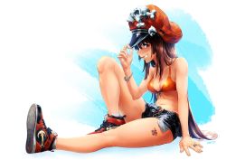 Rule 34 | 1girl, absurdres, anchor symbol, ankle socks, bikini, bikini under clothes, bracelet, breasts, brown eyes, brown hair, cleavage, commentary, english commentary, exposed pocket, from side, front-tie bikini top, front-tie top, full body, grin, guilty gear, guilty gear strive, hat, highres, jewelry, kanta-kun, leg tattoo, leg up, lips, long hair, looking at viewer, may (guilty gear), navel, open fly, orange bikini, orange hat, pirate hat, ring, shoes, short shorts, shorts, sitting, skull and crossbones, small breasts, smile, sneakers, socks, solo, strap gap, swimsuit, tattoo, very long hair