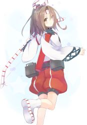 Rule 34 | 10s, 1girl, ankle socks, bow (weapon), brown eyes, brown hair, from behind, gradient background, hachimaki, hakama, hakama pants, hakama shorts, headband, high ponytail, huuyu 1z, japanese clothes, kantai collection, leg up, light brown hair, looking at viewer, looking back, pants, quiver, sandals, shorts, socks, solo, weapon, white socks, zuihou (kancolle)
