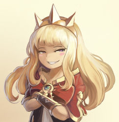 Rule 34 | 10s, 1girl, blonde hair, blush stickers, cagliostro (granblue fantasy), crossed arms, granblue fantasy, grin, long hair, smile, smug, solo, upper body, yilx