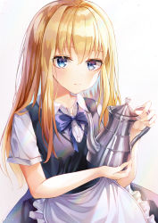 Rule 34 | 1girl, absurdres, aid!, alternate costume, apron, black dress, blonde hair, blue bow, blue bowtie, blue eyes, blush, bow, bowtie, closed mouth, collared shirt, dress, enmaided, frilled apron, frills, gabriel dropout, gabriel tenma white, hair between eyes, highres, holding, holding teapot, long hair, looking at viewer, maid, pinafore dress, shirt, short sleeves, simple background, sleeveless dress, smile, solo, straight hair, teapot, upper body, waist apron, white apron, white background, white shirt
