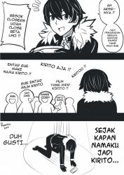Rule 34 | 1boy, 3koma, :d, artist name, closers, comic, fur trim, gloves, greyscale, indonesian text, look-alike, male focus, monochrome, open mouth, prostration, rouzille, seha lee, smile, solo focus