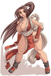 Rule 34 | 1girl, breasts, brown hair, curvy, fatal fury, gloves, large breasts, long hair, open mouth, ponytail, rope, sashizume soutarou, shiranui mai, snk, solo, the king of fighters, thick thighs, thighs