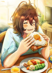 Rule 34 | 1girl, absurdres, artist name, bacon, blue shirt, blush, bread, bread slice, breakfast, brown hair, creatrail, day, eating, facing viewer, food, food request, fork, fried egg, hair between eyes, highres, indoors, juice, medium hair, messy hair, omelet, orange juice, plate, shirt, solo, television, thick eyebrows, toast