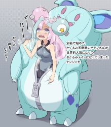 Rule 34 | 1girl, bare arms, bike shorts, blush, breasts, collarbone, costume, creatures (company), fanning self, game freak, green hair, grey background, grey vest, hand up, highres, holding, hot, iono (pokemon), long hair, looking up, medium breasts, multicolored hair, nidothing, nintendo, open mouth, pink hair, pokemoa, pokemon, pokemon (anime), pokemon horizons, pokemon sv, sharp teeth, solo, standing, steaming body, sweat, teeth, tongue, translation request, two-tone hair, vest, zipper pull tab