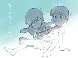 Rule 34 | 2boys, arm support, barefoot, blue background, brothers, child, collared shirt, food, indian style, looking at viewer, male focus, matsuno choromatsu, matsuno osomatsu, multiple boys, opening, osomatsu-kun, osomatsu (series), popsicle, shirt, shorts, siblings, simple background, sitting, swept bangs, tamago toji, tongue, tongue out, translated, twitter username, wing collar