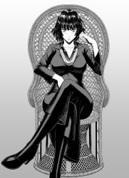 Rule 34 | 1girl, absurdres, artist request, blush, boots, breasts, cleavage, collared dress, crossed legs, dress, fubuki (one-punch man), full body, greyscale, high heel boots, high heels, highres, inomaru, jewelry, large breasts, long legs, long sleeves, looking at viewer, monochrome, necklace, one-punch man, short hair, sitting, solo, taut clothes, taut dress