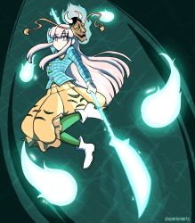 Rule 34 | 1girl, aqua shirt, bright pupils, bubble skirt, circle, closed mouth, commentary, cross, english commentary, full body, ghost, hata no kokoro, highres, holding, holding polearm, holding weapon, long hair, long sleeves, looking at viewer, mask, mask on head, orange skirt, pink eyes, pink hair, plaid, plaid shirt, polearm, quarium, shirt, skirt, solo, star (symbol), touhou, triangle, twitter username, weapon, white footwear, white pupils