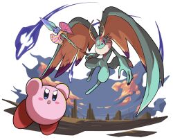 Rule 34 | antlers, battle, blush stickers, colored skin, fecto elfilis, furry, highres, holding, holding staff, horns, kirby, kirby (series), kirby and the forgotten land, multicolored eyes, nintendo, pink skin, poyo party, staff, tail, wing ears