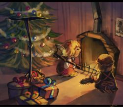 Rule 34 | aki minoriko, aki shizuha, axe, box, chainsaw, chimney, christmas ornaments, christmas tree, commentary, dress, gap (touhou), gift, gift box, hair ornament, hat, holding, holding weapon, koto inari, leaf, leaf hair ornament, letterboxed, maple leaf, mob cap, pine tree, red dress, short sleeves, siblings, sisters, touhou, tree, weapon