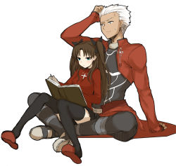 Rule 34 | 1boy, 1girl, aqua eyes, archer (fate), bad id, bad pixiv id, black thighhighs, blue eyes, book, bow, brown hair, cross, fate/stay night, fate (series), hair bow, hair ribbon, height difference, holding, holding book, indian style, long hair, long legs, minatsuki randoseru, miniskirt, open book, reading, ribbon, sitting, sitting on lap, sitting on person, size difference, skirt, slippers, sweatdrop, thighhighs, tohsaka rin, tsurime, turtleneck, twintails, two side up, waist cape, white background, white eyes, white hair, zettai ryouiki