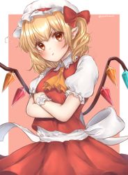Rule 34 | 1girl, :t, artist name, ascot, blonde hair, blush, border, bow, commentary request, cowboy shot, crossed arms, crystal, flandre scarlet, frilled shirt collar, frills, hat, hat bow, head tilt, highres, looking at viewer, mob cap, one-hour drawing challenge, outside border, pink background, pointy ears, pout, puff of air, puffy short sleeves, puffy sleeves, red bow, red eyes, red skirt, red vest, shirt, short sleeves, simple background, skirt, skirt set, solo, standing, touhou, twitter username, v-shaped eyebrows, vest, white border, white hat, white shirt, wings, wrist cuffs, yayoi maka, yellow ascot