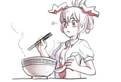 Rule 34 | 1girl, animal ears, bare shoulders, blush, bowl, carrot pin, chopsticks, closed mouth, collared shirt, cropped torso, floppy ears, frown, highres, holding, holding chopsticks, holding spoon, looking at food, necktie, pocket, puffy short sleeves, puffy sleeves, purple hair, rabbit ears, red eyes, red necktie, reisen udongein inaba, shirt, short hair, short sleeves, simple background, solo, spoon, steam, tie clip, touhou, updo, waiwa way, white background, white shirt