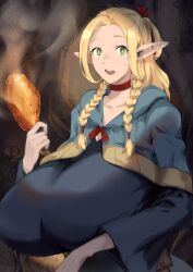 Rule 34 | 1girl, absurdres, alternate breast size, blonde hair, blue capelet, blue robe, braid, breasts, capelet, choker, dungeon meshi, food, green eyes, highres, holding, holding food, huge breasts, jim dez, jimdez, long hair, long sleeves, looking at viewer, marcille donato, pointy ears, robe, solo, standing, turkey leg, twin braids, upper body