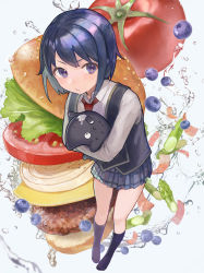 Rule 34 | 1girl, :/, absurdres, black hair, black socks, black vest, blueberry, bread bun, burger, cheese, collared shirt, creature, drooling, food, food-themed background, fruit, grey skirt, hai bokusha, highres, holding, holding creature, lettuce, long sleeves, looking to the side, meat, necktie, onion, plaid, plaid skirt, purple eyes, red necktie, school girl strikers, shirt, short hair, skirt, socks, solo, sparkling eyes, standing, sumihara satoka, tomato, tomato slice, vest, water, white shirt