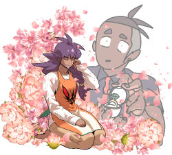 Rule 34 | 2boys, alternate costume, apron, barefoot, braid, brown pants, closed eyes, commentary request, creatures (company), dark-skinned male, dark skin, eyelashes, falling petals, flower, game freak, hair tie, highres, jewelry, korean commentary, leon (pokemon), long hair, long sleeves, lower teeth only, male focus, marriage proposal, multiple boys, nintendo, orange apron, pants, petals, pink flower, pokemon, pokemon swsh, purple hair, raihan (pokemon), redlhzz, ring, single braid, sitting, sleeves past wrists, smile, sweater, teeth, white background, white sweater, yaoi