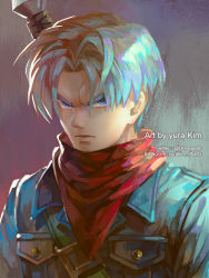 Rule 34 | 10s, 1boy, artist name, bad id, bad pixiv id, blue eyes, blue hair, dragon ball, dragon ball super, dragonball z, frown, grey background, jacket, kerchief, kim yura (goddess mechanic), looking away, male focus, serious, shaded face, short hair, simple background, solo, standing, sword, trunks (dragon ball), trunks (future) (dragon ball), twitter username, weapon