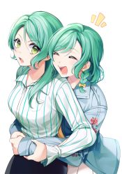 Rule 34 | 2girls, :d, ^ ^, bad id, bad pixiv id, bang dream!, black skirt, blue shirt, bow, braid, breast pocket, closed eyes, collared shirt, commentary request, floral print, green hair, hair between eyes, hair bow, hand on another&#039;s arm, hikawa hina, hikawa sayo, hug, hug from behind, long hair, long sleeves, minori (faddy), multiple girls, notice lines, open mouth, pocket, print sleeves, shirt, short hair, siblings, side braids, simple background, sisters, skirt, smile, striped clothes, striped shirt, twins, v-shaped eyebrows, vertical-striped clothes, vertical-striped shirt, white background, white shirt, white skirt, wrist cutout, yellow bow
