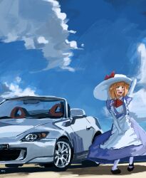 Rule 34 | 103anon, 1girl, artist name, black footwear, blonde hair, blush, bow, car, cloud, commentary, convertible, danlamdae, dress, elbow gloves, gloves, hair bow, hat, highres, honda, honda s2000, hood, hood down, kana anaberal, looking to the side, medium hair, motor vehicle, purple dress, red bow, shadow, shoes, sky, smile, solo, sports car, sun hat, touhou, white gloves, yellow eyes