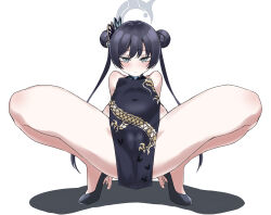 Rule 34 | 1girl, absurdres, bare shoulders, black dress, black footwear, black hair, blue archive, blue eyes, blush, breasts, cameltoe, china dress, chinese clothes, covered clitoris, covered erect nipples, double bun, dragon print, dress, fukuinu, hair bun, hair ornament, highres, kisaki (blue archive), looking at viewer, sleeveless, sleeveless dress, small breasts, solo, spread legs, tiptoes, twintails