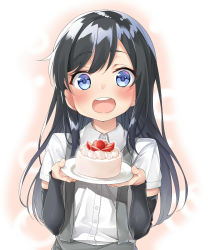 Rule 34 | 1girl, :d, arm warmers, asashio (kancolle), black hair, blue eyes, blush, cake, commentary request, dress shirt, ebifurya, feeding, food, fruit, highres, holding, holding plate, incoming food, kantai collection, long hair, looking at viewer, open mouth, plate, pov feeding, round teeth, shirt, short sleeves, smile, solo, strawberry, suspenders, teeth, upper body, white background, white shirt