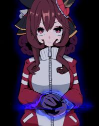 Rule 34 | 1girl, animal ears, black background, black hole, breasts, brown hair, closed mouth, ear covers, expressionless, gentildonna (umamusume), hair rings, highres, horse ears, jacket, long hair, long sleeves, looking at viewer, medium breasts, open clothes, open jacket, outer glow, red eyes, red jacket, solo, straight-on, sudzume, umamusume, upper body