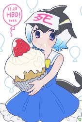 Rule 34 | 1girl, 54 3nu, bare shoulders, black hair, blonde hair, blowhole, blue dress, blue eyes, blue hair, blush, bow, bowtie, cetacean tail, commentary request, common dolphin (kemono friends), cupcake, dolphin girl, dorsal fin, dress, fins, fish tail, food, frilled dress, frills, fruit, happy birthday, kemono friends, multicolored hair, oversized food, oversized object, sailor collar, short hair, sleeveless, solo, strawberry, tail, translation request, white hair, yellow bow, yellow bowtie