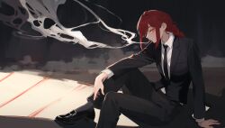 Rule 34 | 1girl, absurdres, belt, black belt, black footwear, black jacket, black necktie, black pants, black suit, braid, chainsaw man, cigarette, dress pants, formal, from side, full body, hand on ground, highres, indoors, jacket, loafers, long hair, looking at viewer, makima (chainsaw man), ms tsukii, multicolored eyes, necktie, orange eyes, pant suit, pants, red eyes, red hair, ringed eyes, shirt, shoes, sidelocks, sideways glance, single braid, sitting, smoke trail, smoking, solo, suit, suit jacket, swept bangs, white shirt, yellow eyes