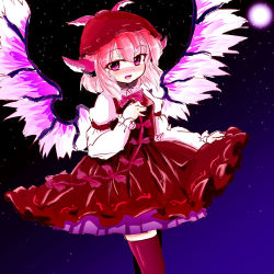 Rule 34 | 1girl, aichinomiya, animal ears, bow, bowtie, brown dress, dress, female focus, hand on own chest, hat, long sleeves, moon, mystia lorelei, night, open mouth, petticoat, pink eyes, pink hair, red thighhighs, short hair, sky, solo, star (sky), starry sky, thighhighs, touhou, wings