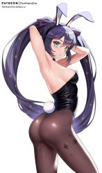 Rule 34 | 1girl, animal ears, areola slip, armpits, arms behind head, arms up, ass, bare shoulders, black hair, black leotard, blush, breasts, detached collar, fake animal ears, genshin impact, green eyes, highleg, highleg leotard, highres, leotard, long hair, looking at viewer, medium breasts, mona (genshin impact), pantheon eve, pantyhose, playboy bunny, rabbit ears, rabbit tail, simple background, solo, strapless, strapless leotard, tail, thighs, twintails, very long hair, white background