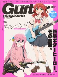 Rule 34 | ankle socks, blue eyes, bocchi the rock!, bow, brown footwear, commentary request, cube hair ornament, electric guitar, gotoh hitori, guitar, hair ornament, highres, holding, holding instrument, instrument, jacket, kerorira, kita ikuyo, loafers, long hair, medium hair, official art, open clothes, open jacket, pink hair, pink jacket, pleated skirt, red bow, school uniform, shoes, sitting, skirt, socks, standing, white background, white socks, yellow eyes, yokozuwari