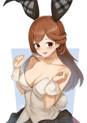 Rule 34 | 1girl, alice gear aegis, animal ears, aomoro, blush, bow, breasts, brown eyes, brown hair, cleavage, collar, collarbone, detached collar, highres, large breasts, leotard, long hair, looking at viewer, open mouth, playboy bunny, rabbit ears, rabbit tail, red bow, solo, steaming body, strapless, strapless leotard, tail, usamoto anna, vorpal bunny, white collar, white leotard, wrist cuffs