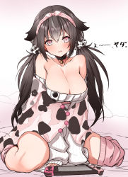 Rule 34 | 1girl, animal ears, animal print, annoyed, arm support, arms between legs, bare shoulders, black hair, blush, bow hairband, breasts, chinese zodiac, cleavage, collar, collarbone, cow ears, cow girl, cow print, cowbell, facing viewer, furrowed brow, hair between eyes, hair ornament, hair scrunchie, hairband, highres, large breasts, long hair, long sleeves, looking at viewer, loose socks, mole, mole on breast, mole under eye, nintendo switch, off-shoulder, off-shoulder shirt, off shoulder, on bed, open mouth, original, pink eyes, pink hairband, pink socks, ribbed shirt, scrunchie, shawl, shirt, simple background, sitting, sleeves past wrists, socks, solo, takanashi kei (hitsujikan), thighs, twintails, wariza, white background, white shirt, year of the ox
