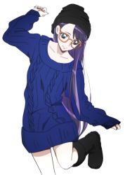 Rule 34 | 1girl, asymmetrical bangs, black footwear, black hat, blue eyes, blue sweater, boots, cable knit, casual, closed mouth, collarbone, dress, glasses, hat, heartcatch precure!, knee boots, long hair, long sleeves, looking down, orange-framed eyewear, precure, purple hair, ribbed sweater, simple background, sleeves past wrists, smile, solo, standing, standing on one leg, straight hair, sweater, sweater dress, swept bangs, tsukikage oyama, tsukikage yuri, very long hair, white background