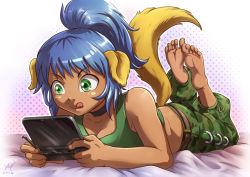 Rule 34 | 1girl, animal ears, bare shoulders, barefoot, blouse, blue hair, breasts, camouflage, camouflage pants, cleavage, collarbone, dark-skinned female, dark skin, dog ears, feet, feet up, green eyes, green shirt, handheld game console, maxa&#039;, nintendo 3ds, pants, ponytail, shirt, small breasts, smile, soles, solo, stylus, tail, tank top, toes, tongue, tongue out