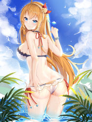 Rule 34 | 1girl, absurdres, ahoge, ass, back, bad id, bad pixiv id, bare arms, bare shoulders, bikini, bird, blue eyes, blue sky, blush, bracelet, braid, breasts, brown hairband, butt crack, chinese commentary, closed mouth, cloud, commentary request, crystal, day, flower, from behind, hair flower, hair ornament, hairband, hand up, highres, jewelry, large breasts, leaf, long hair, looking at viewer, looking back, miaogujun, orange flower, orange hair, orange rose, outdoors, pecorine (princess connect!), pecorine (summer) (princess connect!), princess connect!, red ribbon, ribbon, rose, side-tie bikini bottom, side braid, sideboob, sky, smile, solo, standing, straight hair, swimsuit, very long hair, wading, water, wet, white bikini