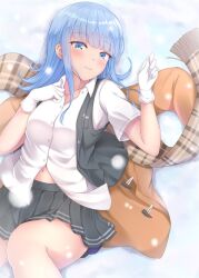 Rule 34 | 1girl, ascot, black skirt, blue eyes, blue hair, blush, gloves, hatsukaze (kancolle), hime cut, jacket, kantai collection, looking back, lying, open clothes, open vest, outdoors, piyobomu, scarf, shirt, skirt, snow, solo, vest, white shirt