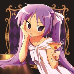 Rule 34 | 1girl, blush, cup, dress, earrings, elbow rest, hair ribbon, hiiragi kagami, holding, holding cup, hotaru iori, ichimi renge, jewelry, long hair, looking at viewer, lucky star, parted lips, purple eyes, purple hair, ribbon, simple background, solo, twintails, upper body, white dress, white ribbon