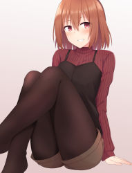 Rule 34 | akahi242, black pantyhose, brown hair, brown shorts, crossed legs, feet out of frame, looking at viewer, original, pantyhose, pink background, red eyes, ribbed sweater, short hair, short shorts, shorts, simple background, sitting, smile, sweater, turtleneck, turtleneck sweater
