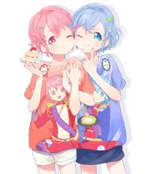 Rule 34 | 1boy, 1girl, blue eyes, blue hair, blue shirt, braid, brother and sister, cake, cake slice, character print, closed mouth, commentary request, dorothy west, food, hair ornament, hand up, holding hands, looking at viewer, machico maki, mole, mole under eye, one eye closed, pink eyes, pink hair, pretty series, pripara, red shirt, shirt, short hair, short shorts, short sleeves, shorts, siblings, simple background, smile, standing, strawberry shortcake, t-shirt, trap, twins, v over mouth, white background, white shorts, x hair ornament