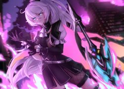 Rule 34 | 1girl, adjusting clothes, adjusting gloves, ahoge, alenafox, black gloves, building, closed mouth, cosplay, gloves, high ponytail, highres, honkai (series), honkai impact 3rd, kiana kaslana, kiana kaslana (herrscher of flamescion), lio fotia, lio fotia (cosplay), long hair, looking at viewer, official alternate costume, pink theme, ponytail, promare, sky, solo, sword, upper body, v-shaped eyebrows, very long hair, weapon, white hair