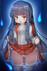 Rule 34 | 1girl, :d, absurdres, backpack, bag, bag charm, black hair, blush, breasts, center frills, charm (object), clothes lift, commentary request, frilled sleeves, frills, gluteal fold, highres, hitodama, idolmaster, idolmaster cinderella girls, idolmaster cinderella girls starlight stage, lifted by self, long sleeves, looking at viewer, open mouth, panties, pleated skirt, randoseru, red eyes, red skirt, sajo yukimi, shirt, skindentation, skirt, skirt lift, sleeves past wrists, small breasts, smile, solo, standing, striped clothes, striped panties, suspender skirt, suspenders, thighhighs, umberblack, underwear, white shirt, white thighhighs, wisp