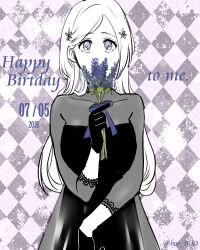 Rule 34 | 1girl, bleach, boo br, checkered background, dated, dress, flower, flower request, gloves, hair ornament, hairpin, happy birthday, holding, holding flower, inoue orihime, long hair, long sleeves, purple eyes, see-through, solo, standing, upper body