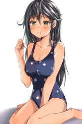 Rule 34 | 10s, :t, bad id, bad pixiv id, black hair, blue one-piece swimsuit, blush, breasts, highres, kantai collection, large breasts, long hair, mangadaisuki15, one-piece swimsuit, polka dot, polka dot swimsuit, sitting, solo, swimsuit, ushio (kancolle), wariza, yellow eyes