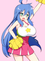 Rule 34 | 1girl, :3, ahoge, alternate breast size, arm up, armpits, bare shoulders, blue hair, breasts, cheerleader, cleavage, commission, contrapposto, cowboy shot, dress, green eyes, hair between eyes, highres, izumi konata, large breasts, light blush, long hair, looking at viewer, lucky star, open mouth, pink background, pixiv commission, pleated dress, pom pom (cheerleading), shirogane hakuba, sidelocks, simple background, smile, solo, star (symbol), strap gap, v-shaped eyebrows, very long hair, yellow pom poms