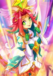 Rule 34 | 1girl, artist name, bare shoulders, breasts, elbow gloves, gloves, green eyes, green hair, hair ornament, league of legends, looking at viewer, medium breasts, multicolored background, multicolored hair, neeko (league of legends), parted bangs, red hair, smile, solo, star (symbol), star guardian (league of legends), star guardian neeko, tail, tongue, tongue out, vastaya, vmat, white gloves