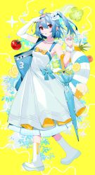 Rule 34 | 1girl, absurdres, ahoge, arm up, bag, bare shoulders, bilibili, blue hair, blue nails, blue umbrella, boots, breasts, character request, closed umbrella, clover, collarbone, commentary request, dress, elbow gloves, fingerless gloves, flower, food, four-leaf clover, fruit, gloves, hair between eyes, hair flower, hair ornament, highres, ice cream, ice cream cone, jewelry, lemon, lemon slice, looking at viewer, nail polish, necklace, official art, one side up, pearl necklace, pineapple, prophet chu, red eyes, rubber boots, scrunchie, sleeveless, sleeveless dress, small breasts, solo, tomato, triple scoop, umbrella, white dress, white flower, white footwear, white gloves, white scrunchie, wrist scrunchie, yellow background