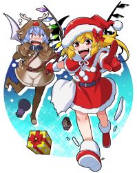 Rule 34 | 2girls, alternate costume, animal collar, animal costume, antlers, bat wings, blonde hair, blush, bow, box, breasts, brown gloves, brown legwear, buckle, capelet, cleavage, collar, commentary request, crystal, dress, eichi yuu, flandre scarlet, full body, fur-trimmed capelet, fur-trimmed gloves, fur trim, gift, gift box, gloves, hair ribbon, highres, hooves, horns, light purple hair, long sleeves, lower teeth only, mary janes, multiple girls, nostrils, one side up, open mouth, pointing, pointing at viewer, red bow, red capelet, red dress, red eyes, red footwear, red gloves, red ribbon, reindeer antlers, reindeer costume, remilia scarlet, ribbon, shoes, siblings, side ponytail, sisters, sparkle, teeth, touhou, upper teeth only, wings